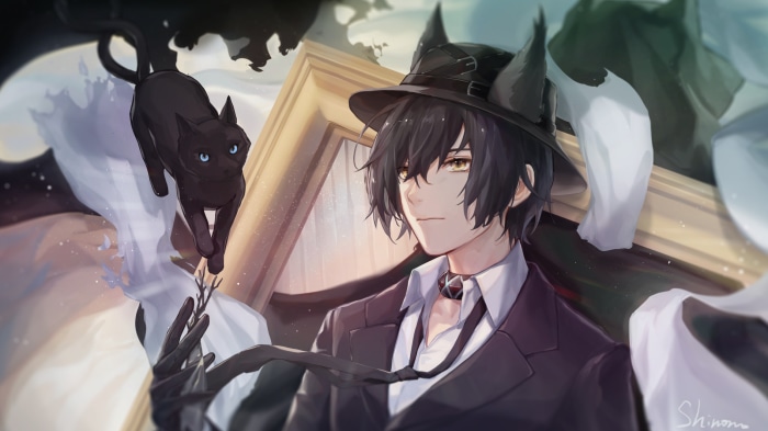 Phantom from Arknights with a black cat