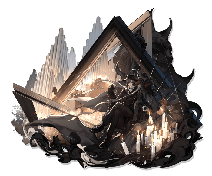 Phantom from Arknights sitting with cats