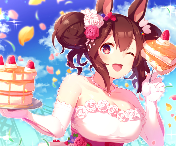 Hishi Akebono from Uma Musume: Pretty Derby holding pancakes