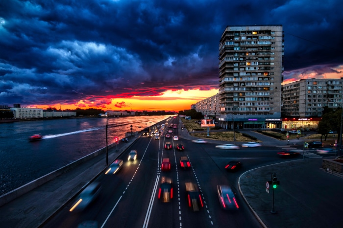 City Road at Dusk with Dramatic Sky