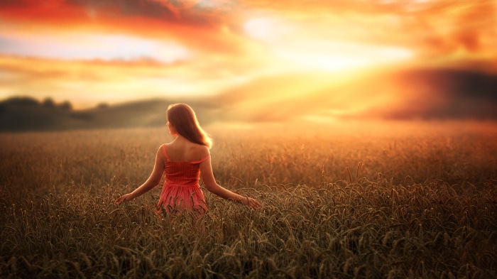 Woman in red dress in a wheat field at sunset