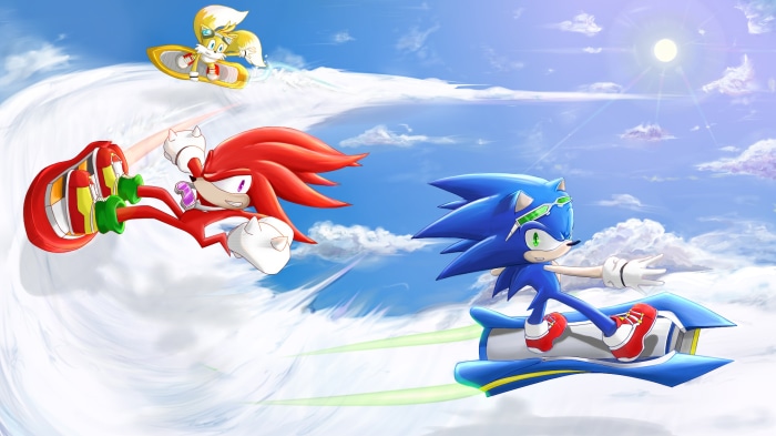 Sonic Riders: Sonic, Tails, and Knuckles racing