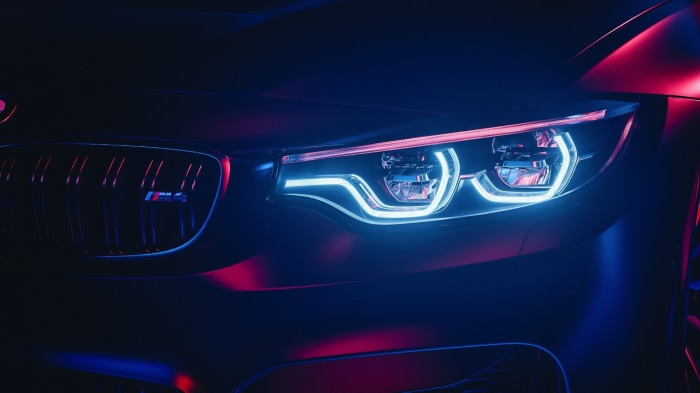 BMW M4 headlights and grille with neon lighting