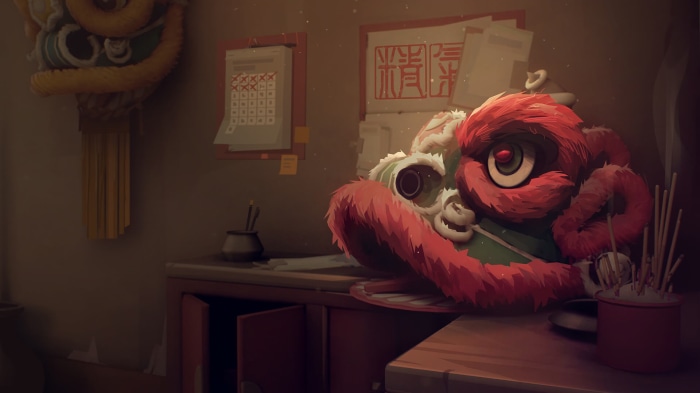 Lion dance mask and incense sticks