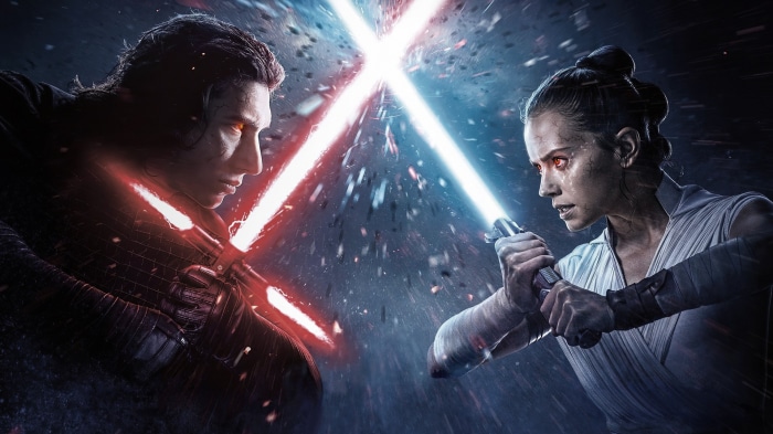 Rey and Kylo Ren fighting with lightsabers