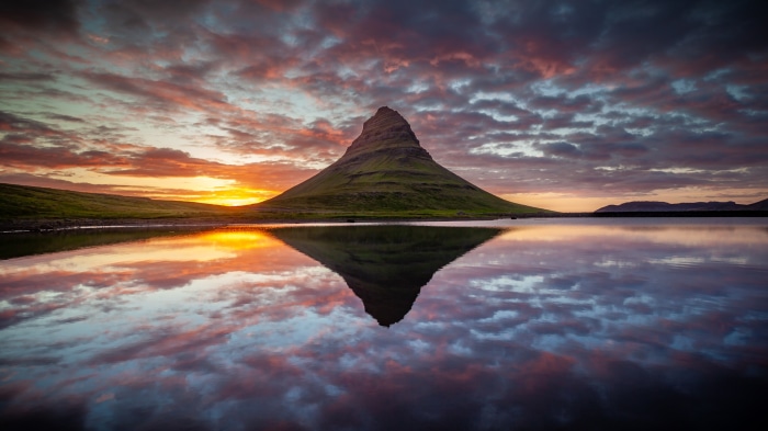 Kirkjufell mountain reflection at sunset, Iceland