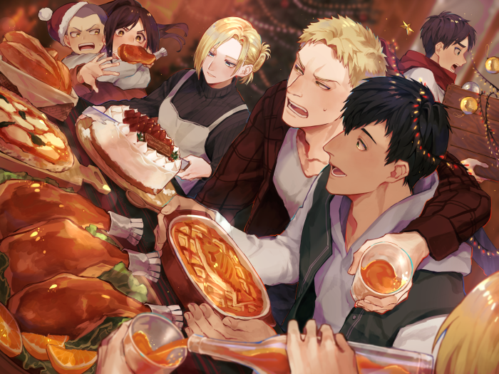 Attack on Titan characters at a Christmas feast