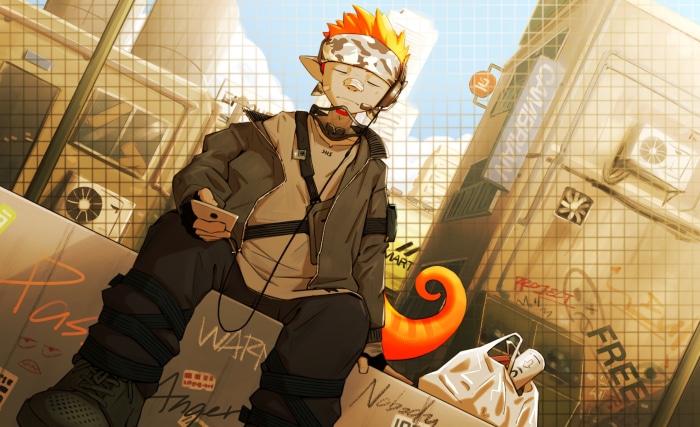 Ethan from Arknights sitting with a phone