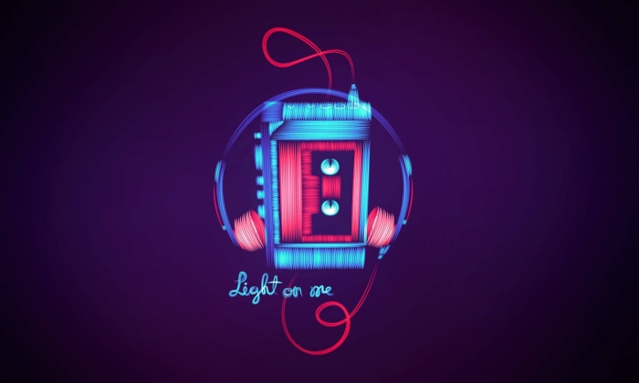 Neon Walkman and Headphones with Text