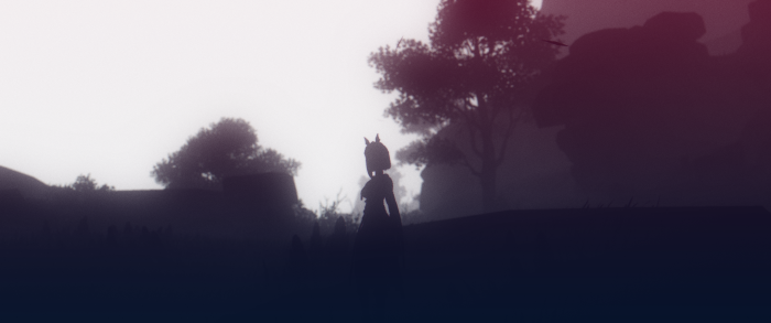 Kujou Sara from Genshin Impact in a foggy landscape