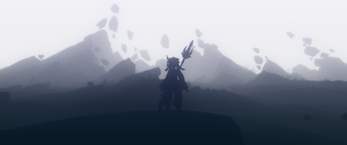 Hu Tao from Genshin Impact in a misty mountain landscape