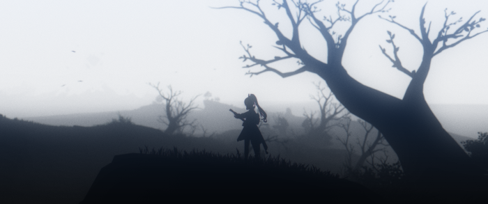 Kamisato Ayaka from Genshin Impact in a foggy landscape