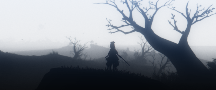 Kamisato Ayaka from Genshin Impact in a misty landscape