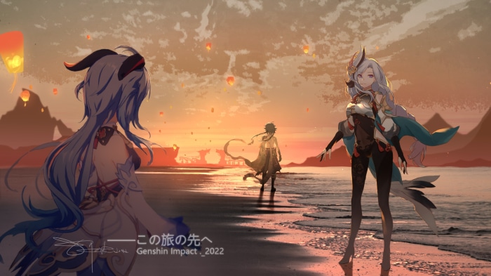 Ganyu, Shenhe, and Xiao from Genshin Impact on a beach at sunset
