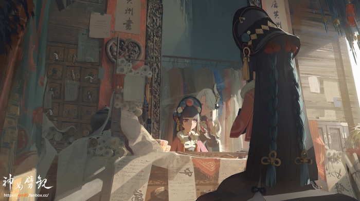 Shenhe and Yun Jin from Genshin Impact in a shop