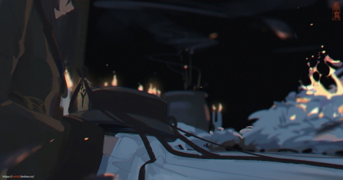 Hu Tao from Genshin Impact in a dark, fiery scene