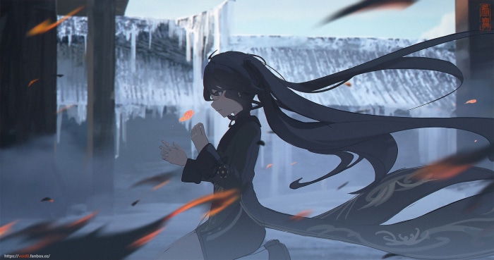 Hu Tao from Genshin Impact in a snowy environment