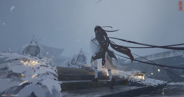 Hu Tao from Genshin Impact in a snowy landscape