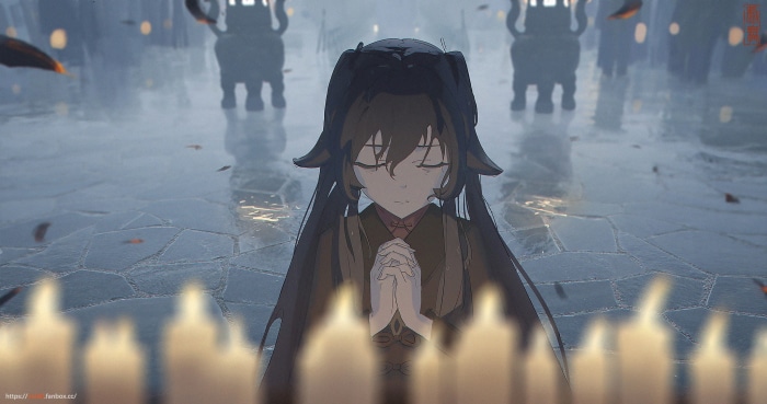 Hu Tao from Genshin Impact praying with candles