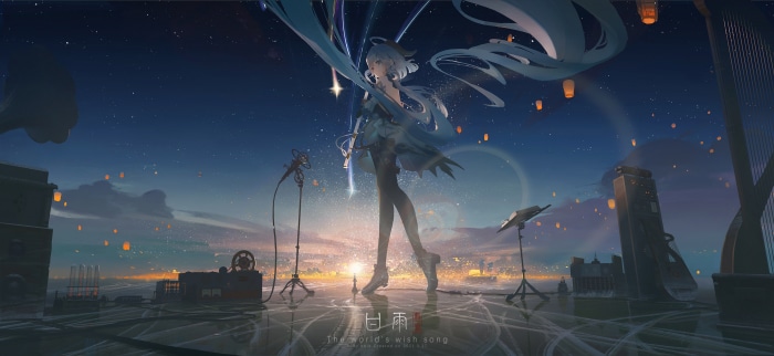 Ganyu from Genshin Impact singing under a starry sky