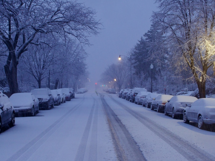 Street covered in snow with parked cars and trees