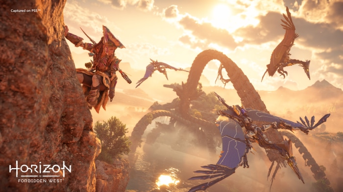Aloy from Horizon Forbidden West with flying machines
