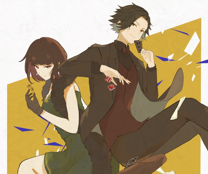 Anime characters with playing cards and dice