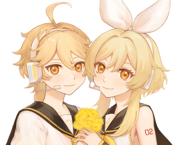 Aether and Lumine from Genshin Impact holding flowers