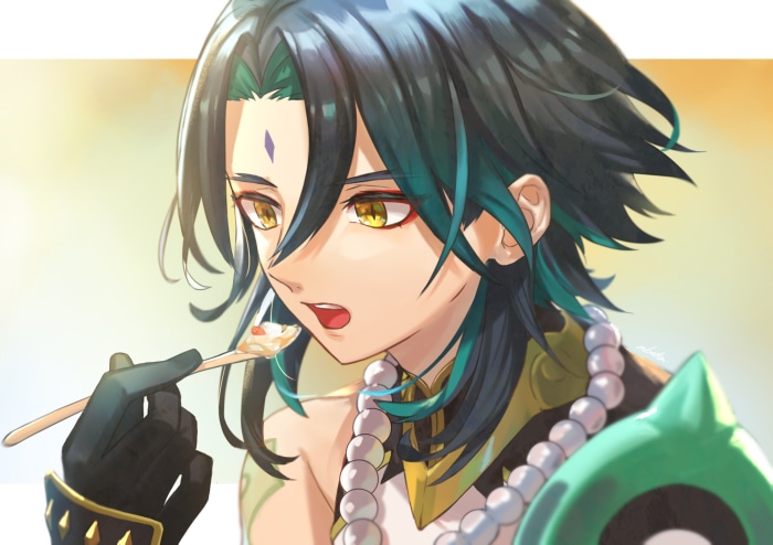 Xiao from Genshin Impact eating