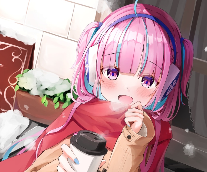 Minato Aqua from Hololive holding a coffee cup