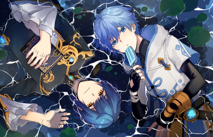 Xingqiu and Chongyun from Genshin Impact lying in water