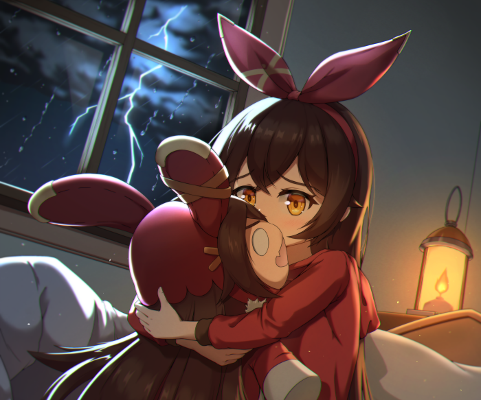 Amber from Genshin Impact hugging a doll during a storm