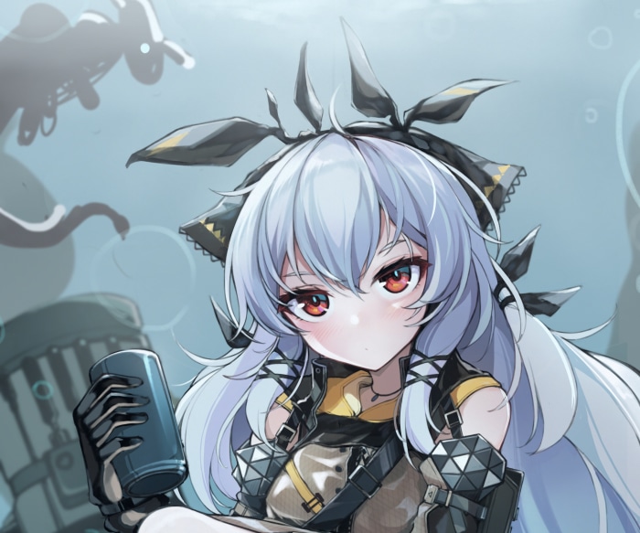 Weedy from Arknights holding a cup