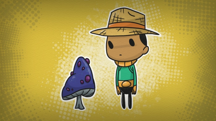 Duplicant and mushroom from Oxygen Not Included