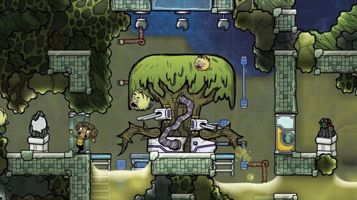 Oxygen Not Included Duplicant near strange tree