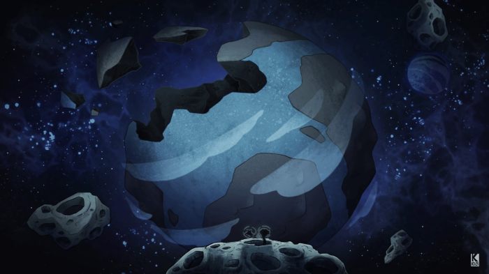 Two small figures on a moon looking at a broken planet