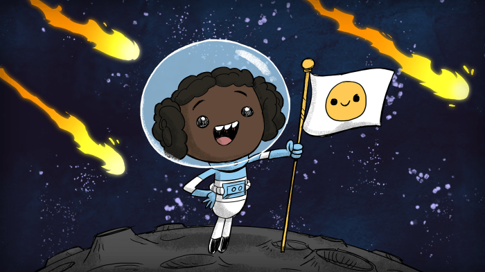 Astronaut planting a flag on the moon with meteors
