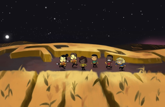 Oxygen Not Included characters running through a maze at night
