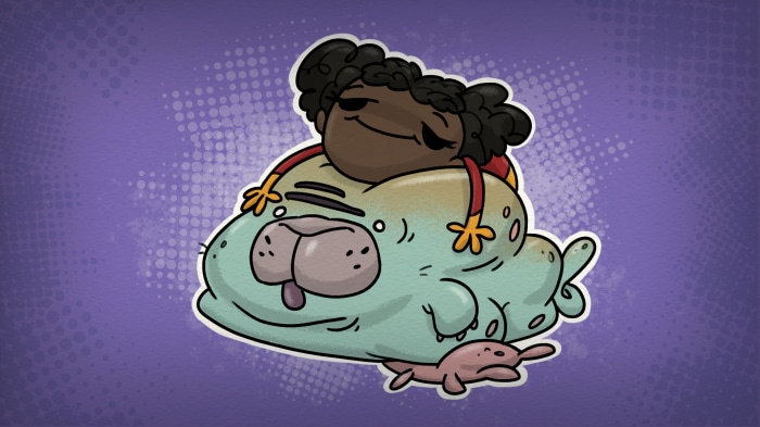 Girl sleeping on a creature from Oxygen Not Included
