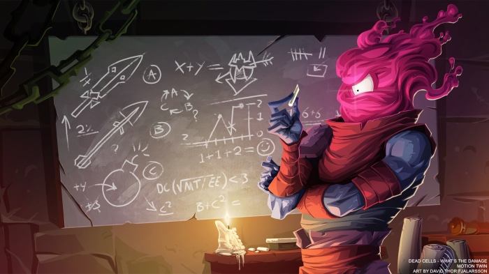 The Beheaded from Dead Cells in front of a blackboard