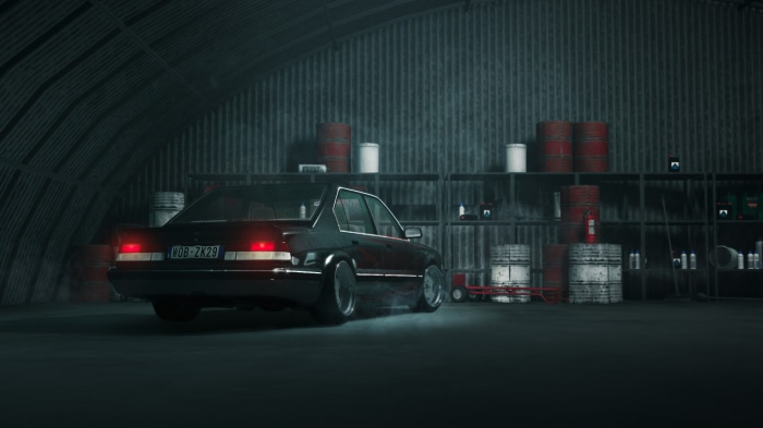 Car in a garage with storage shelves