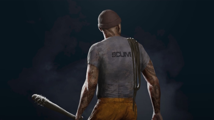 Man with SCUM shirt and baseball bat
