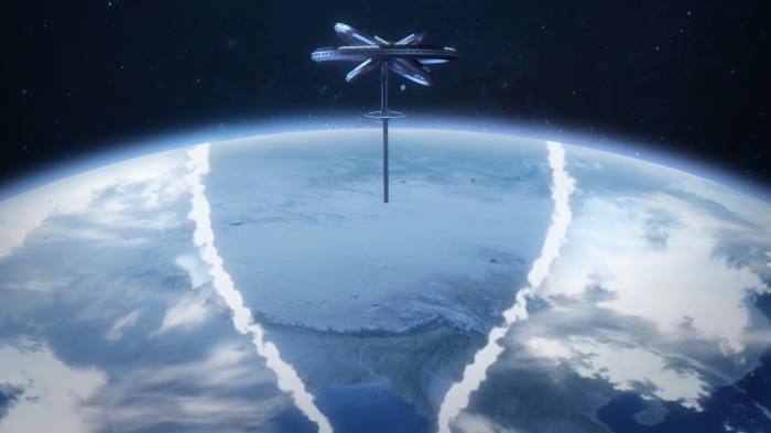 Space station above Earth with atmospheric phenomena