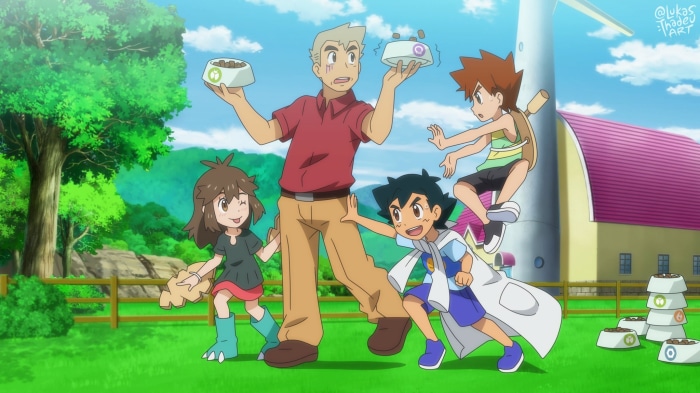 Ash, Gary, and Professor Oak with children and dog bowls