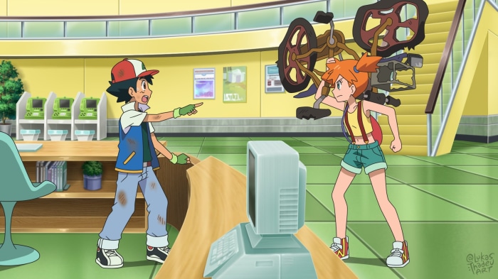 Ash and Misty from Pokémon with a broken bike