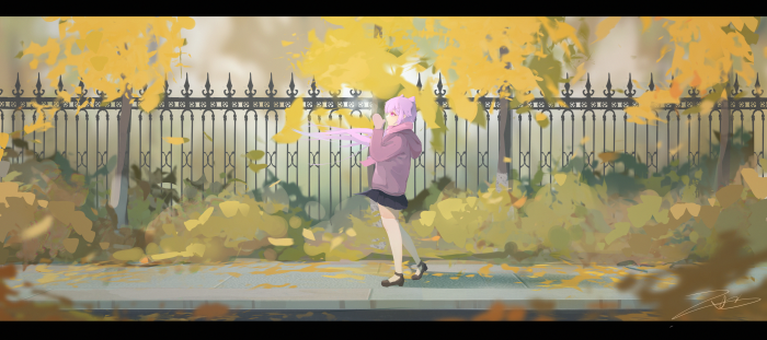 Anime girl with pink hair in autumn park