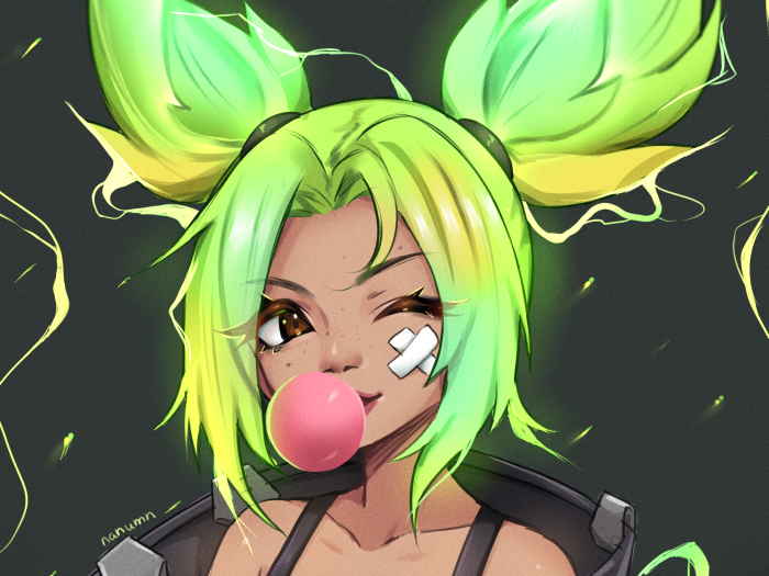 Zeri from League of Legends blowing bubblegum