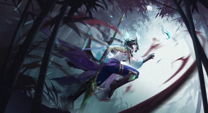 Xiao from Genshin Impact running through bamboo