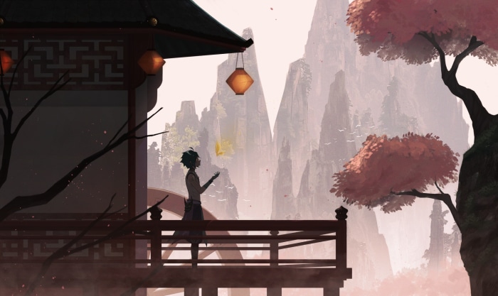 Xiao from Genshin Impact on a balcony