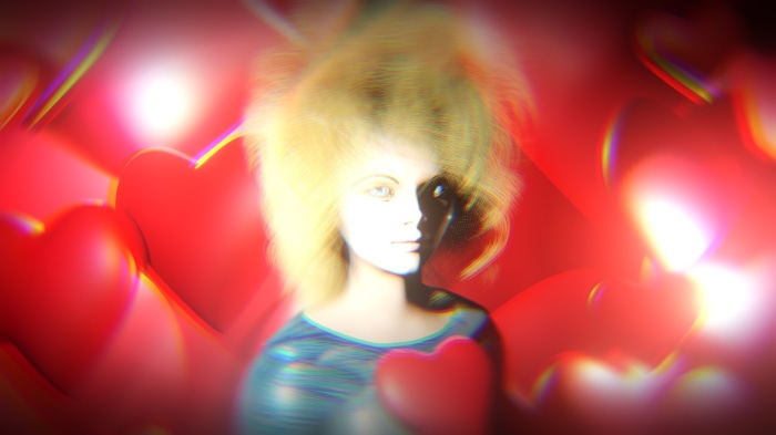 Woman with blonde hair surrounded by hearts